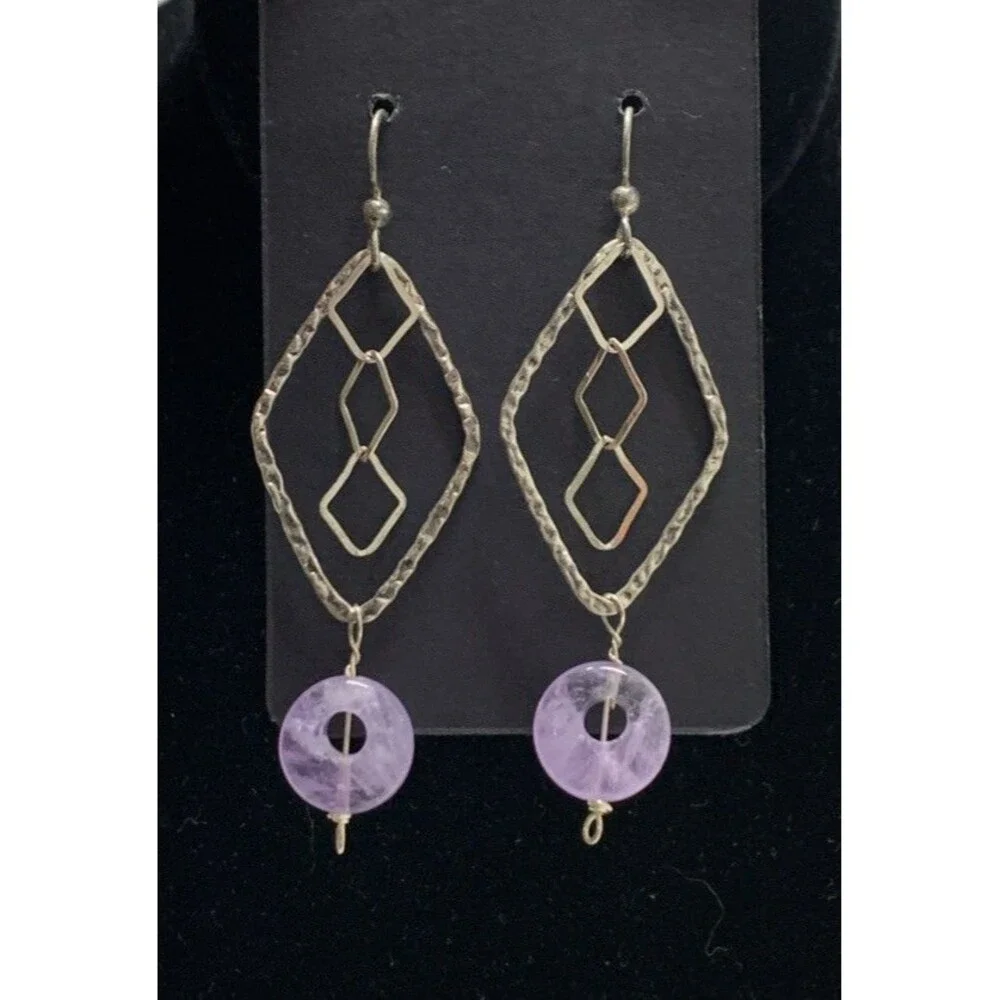 Sterling Silver Amethyst Earrings Oxidized Hammered Geometric Dangle Modern Boho
